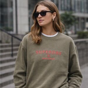 Superdry London Olive Khaki Sweatshirt with Neon Logo Cotton Pullover Size 6
